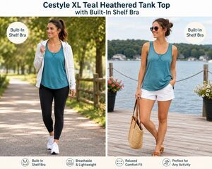 Cestyle Women XL Teal Heathered Tank Top Built In Shelf Bra Athletic Activewear